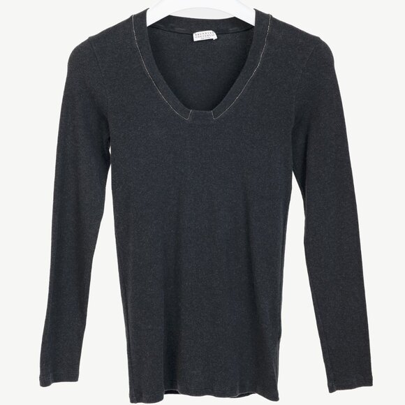 Brunello Cucinelli Grey Cotton-Knit Monili-Bead Pullover - Picture 1 of 10